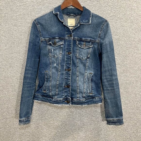 Esprit Jean Jacket Womens Size S Blue Button Up Distressed Long Sleeve Cotton - Picture 13 of 14